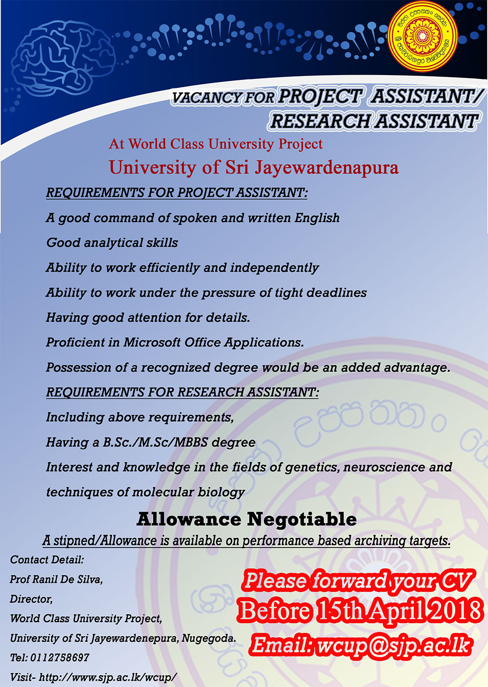 Project Assistant, Research Assistant - University of Sri Jayewardenepura